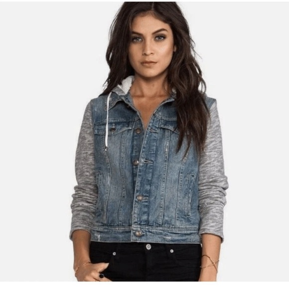 Free People Jackets & Blazers - Free People Denim Blue Gray Distressed Jean/Knit Jacket Hood Women's L Punk Goth